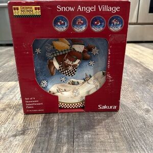 Sakura Snow Angel Village Holiday Stoneware Plates - Red, Blue, Cream, Brown